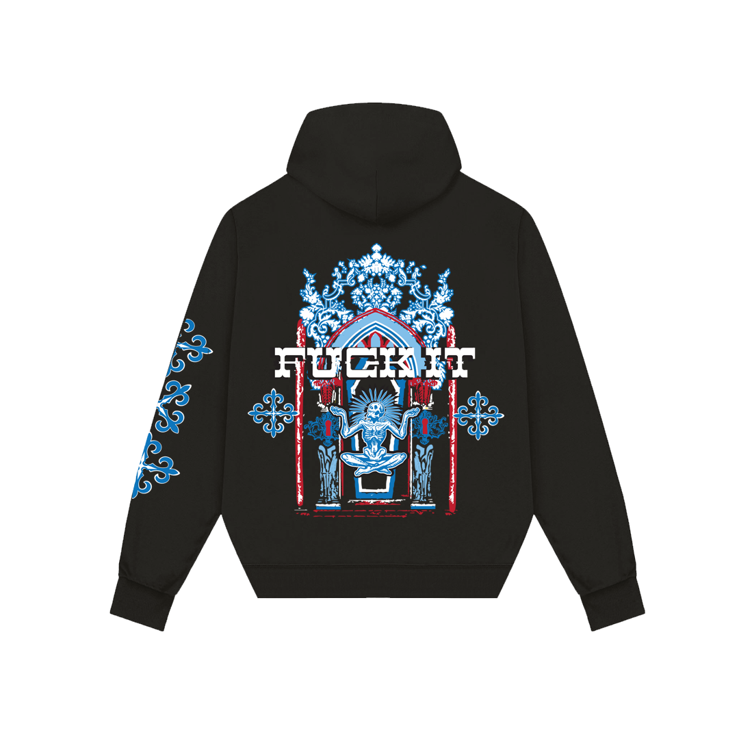 Black edgy streetwear hoodies with bold graphic design and blue ornate patterns on sleeve by NVRFLD
