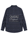 Black and blue plaid shirt with text on the back against a light gray background