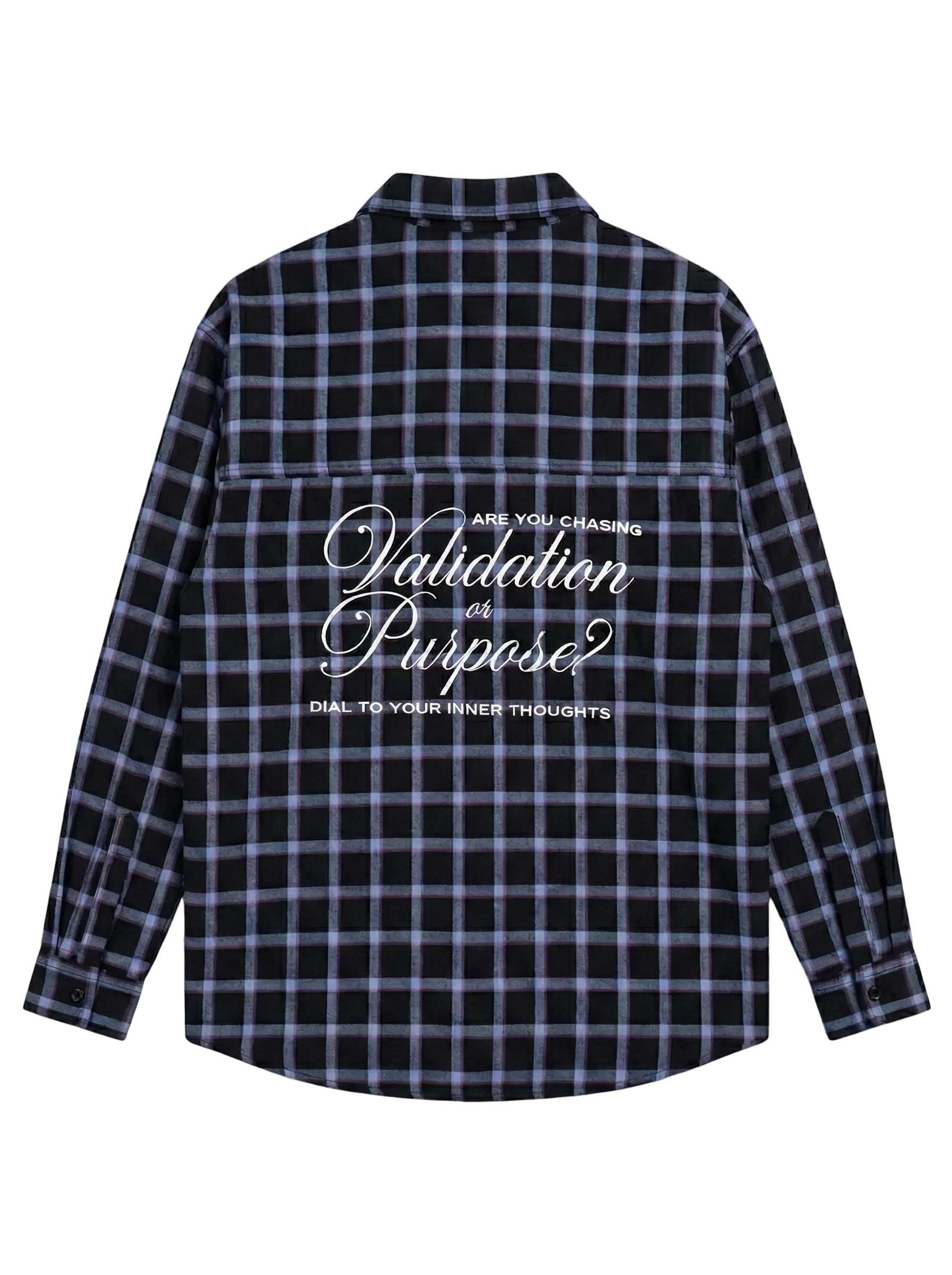 Black and blue plaid shirt with text on the back against a light gray background