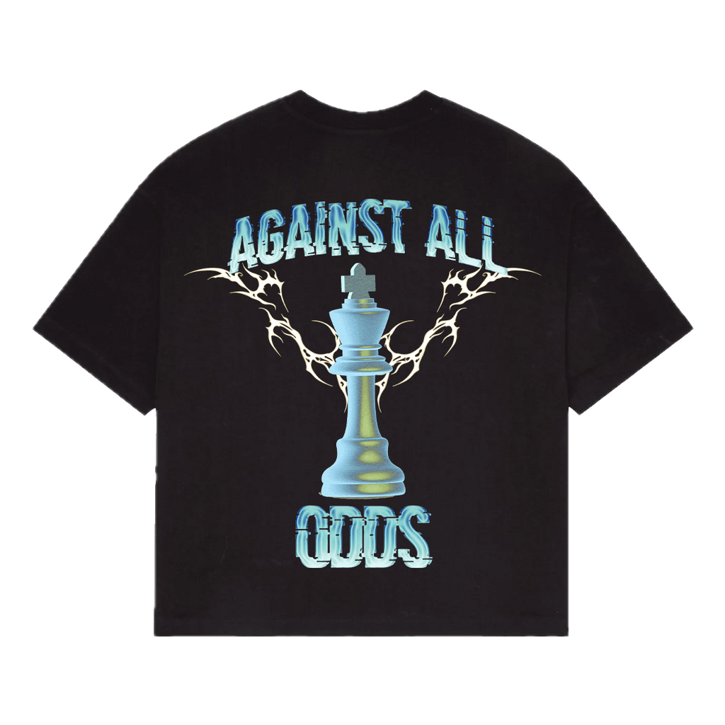 NVRFLD black t-shirt with blue chess king and lightning design featuring against all odds shirt text
