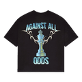 NVRFLD black t-shirt with blue chess king and lightning design featuring against all odds shirt text
