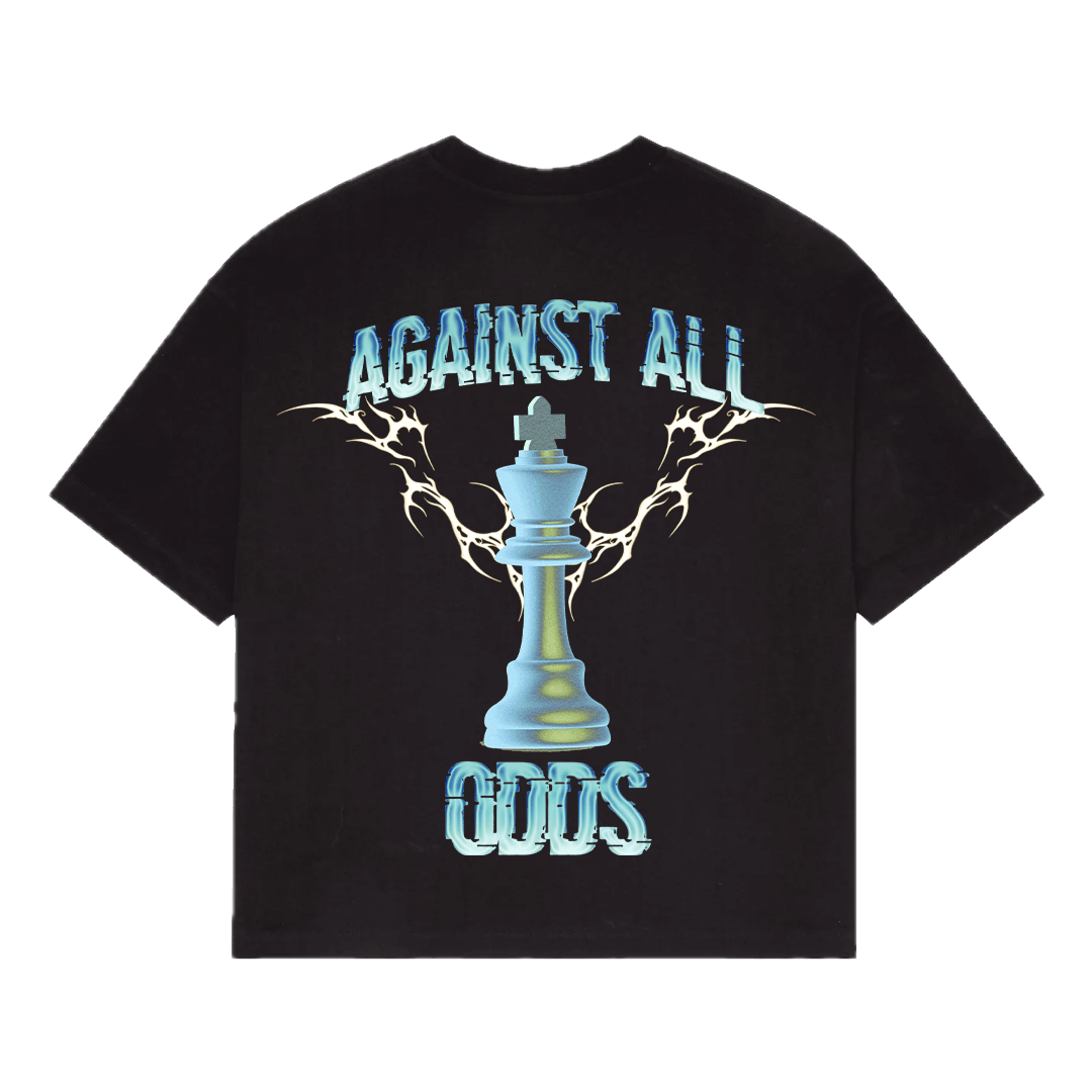 NVRFLD black t-shirt with blue chess king and lightning design featuring against all odds shirt text