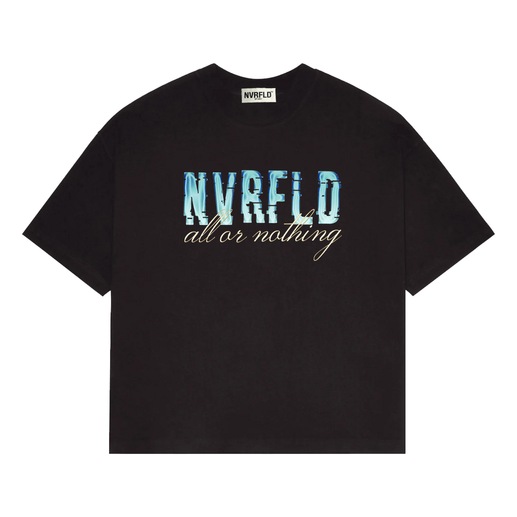 Black NVRFLD against all odds shirt with blue and white lettering and all or nothing slogan