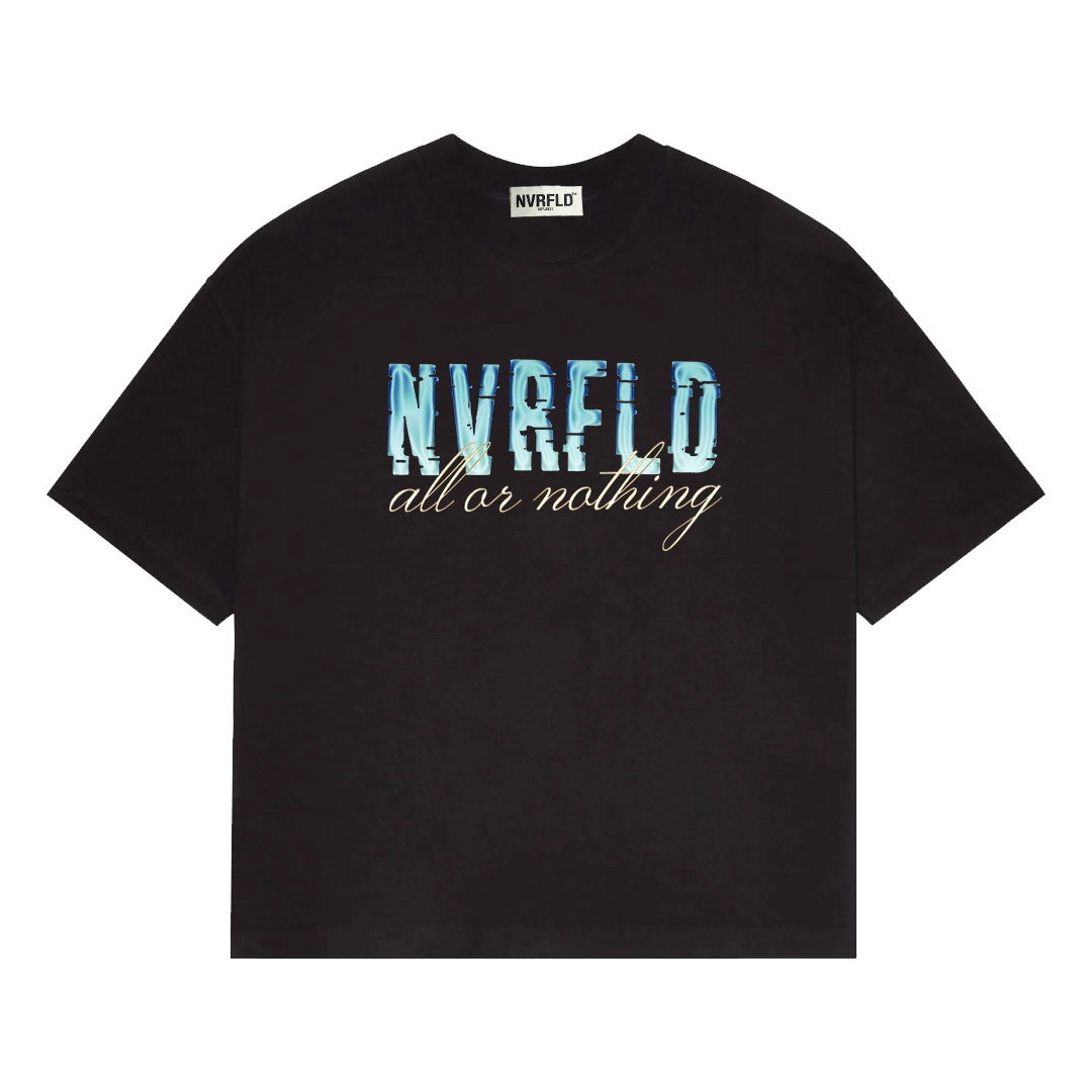 Black NVRFLD against all odds shirt with blue and white lettering and all or nothing slogan