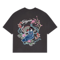 NVRFLD artistic tee with unique design featuring a woman in traditional attire, koi fish, cherry blossoms, and fan