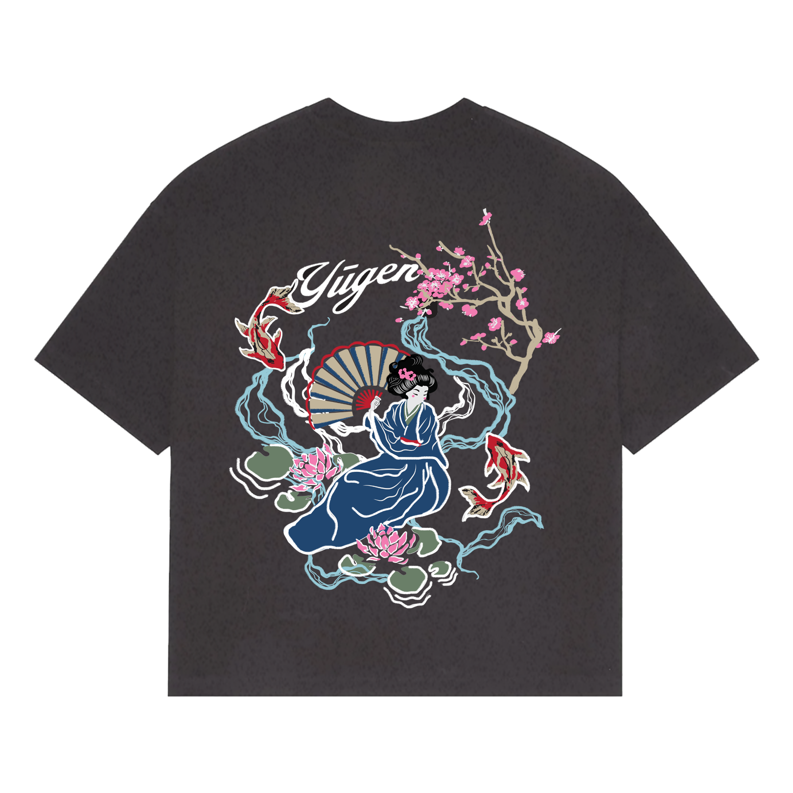 NVRFLD artistic tee with unique design featuring a woman in traditional attire, koi fish, cherry blossoms, and fan