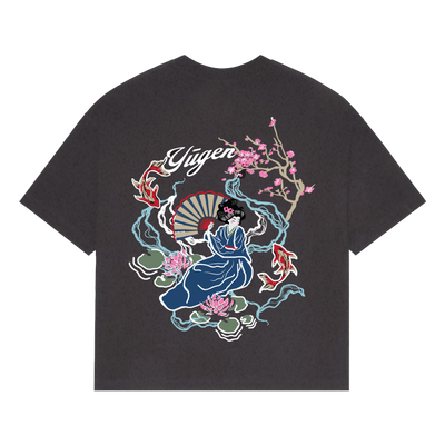 NVRFLD artistic tee with unique design featuring a woman in traditional attire, koi fish, cherry blossoms, and fan
