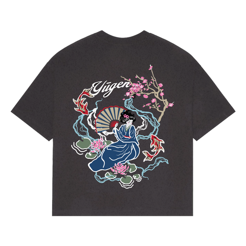 NVRFLD artistic tee with unique design featuring a woman in traditional attire, koi fish, cherry blossoms, and fan
