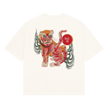 NVRFLD white t-shirt featuring a bold bạch hổ graphic tee with an artistic red and orange tiger design