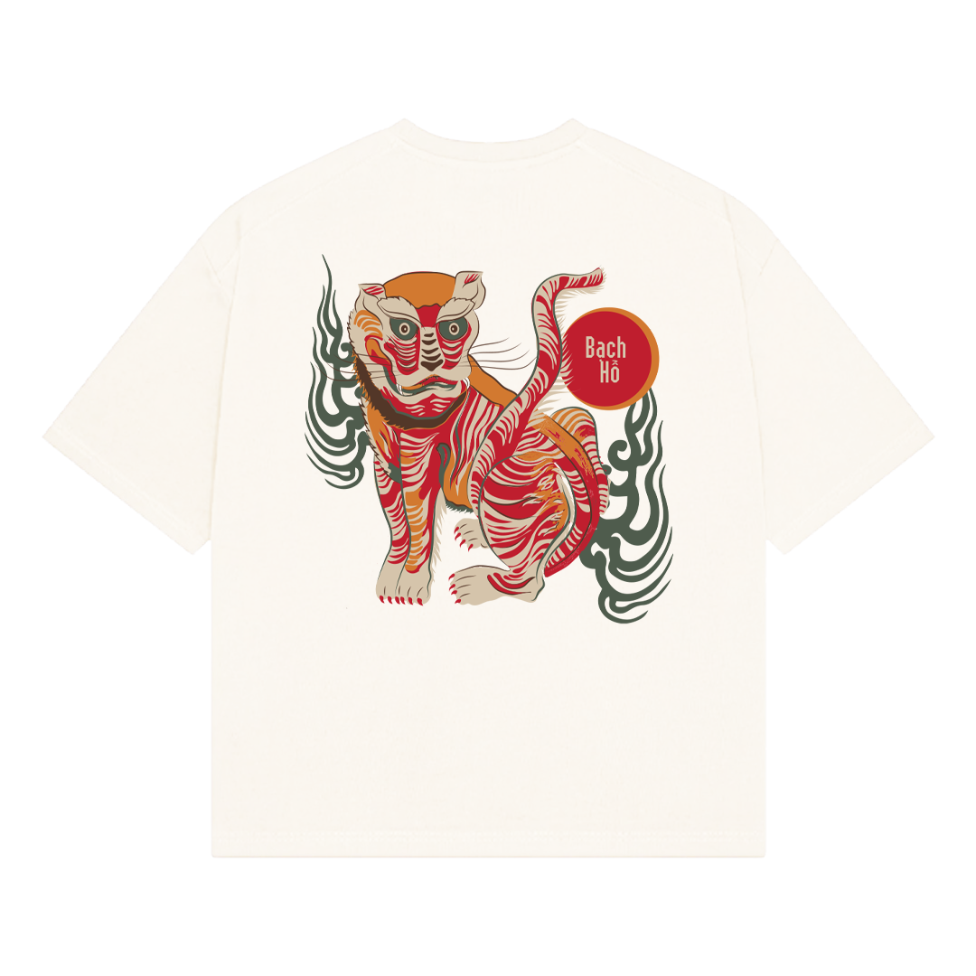 NVRFLD white t-shirt featuring a bold bạch hổ graphic tee with an artistic red and orange tiger design