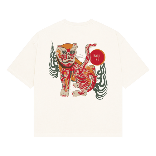NVRFLD white t-shirt featuring a bold bạch hổ graphic tee with an artistic red and orange tiger design