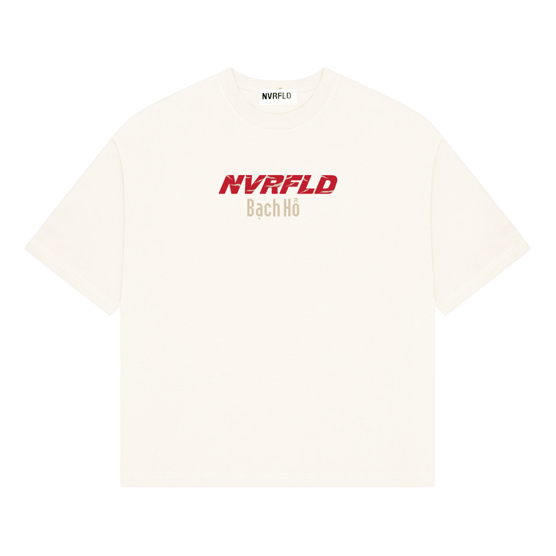 NVRFLD bạch hổ graphic tee in white with red and beige logo text on the front