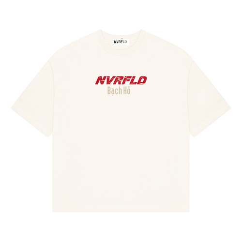NVRFLD bạch hổ graphic tee in white with red and beige logo text on the front