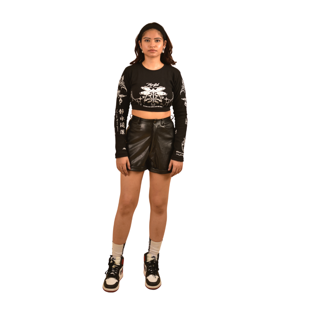 NVRFLD black club top long sleeve crop t-shirt with graphic design on front and sleeves