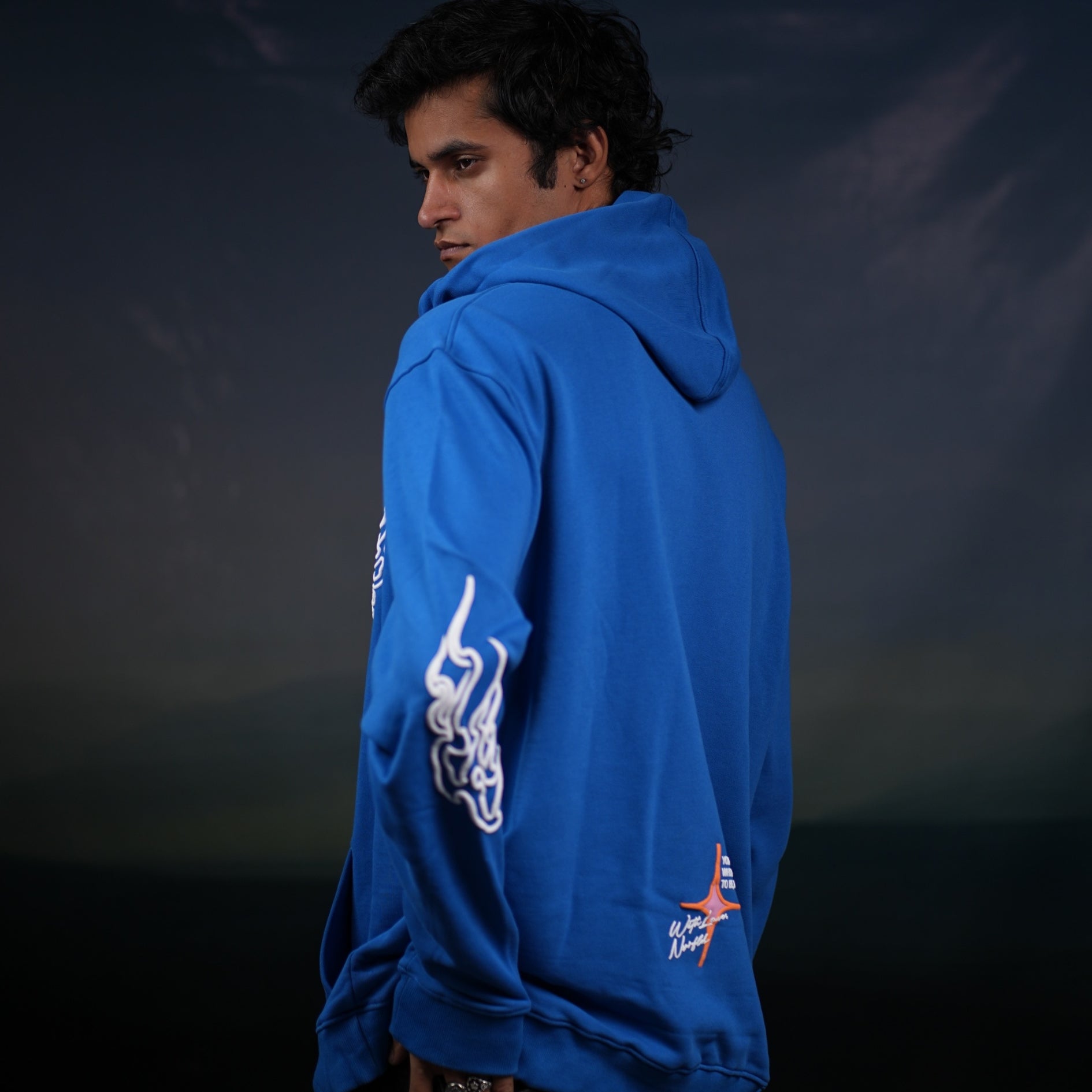 Wings on Fire Hoodie Blue — Flame Graphic Oversized Hoodie | NVRFLD