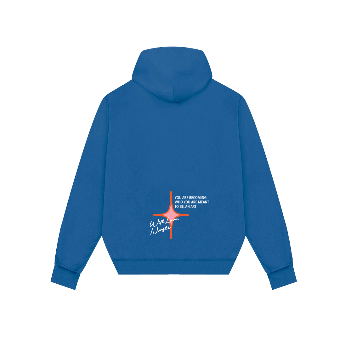 NVRFLD blue graphic hoodie with inspirational text and modern design on the back