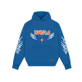 NVRFLD blue graphic hoodie with orange logo and white flame designs on sleeves