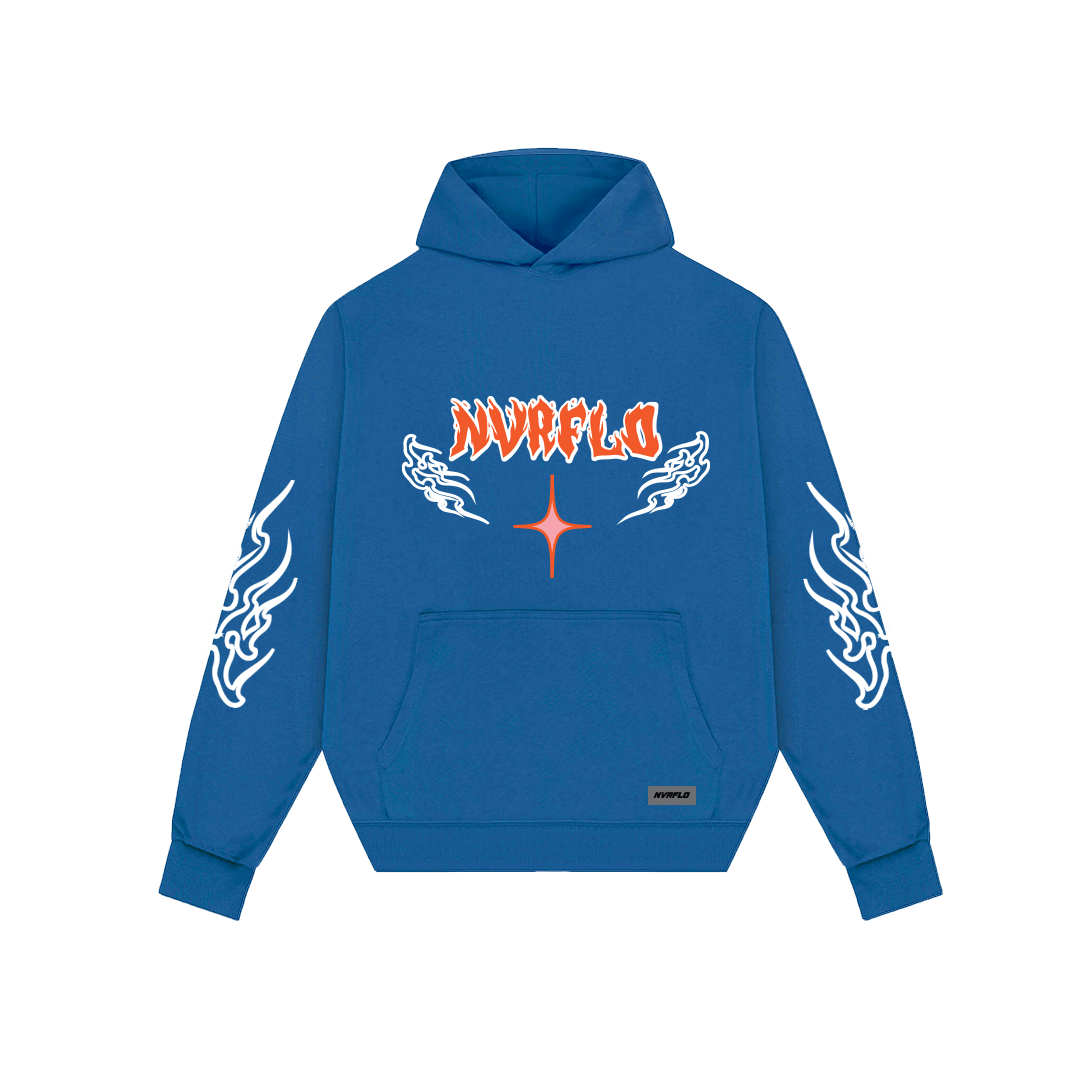 NVRFLD blue graphic hoodie with orange logo and white flame designs on sleeves