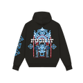 Black edgy streetwear hoodies with bold graphic design and blue ornate patterns on sleeve by NVRFLD