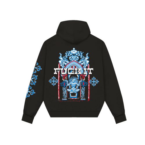 Black edgy streetwear hoodies with bold graphic design and blue ornate patterns on sleeve by NVRFLD