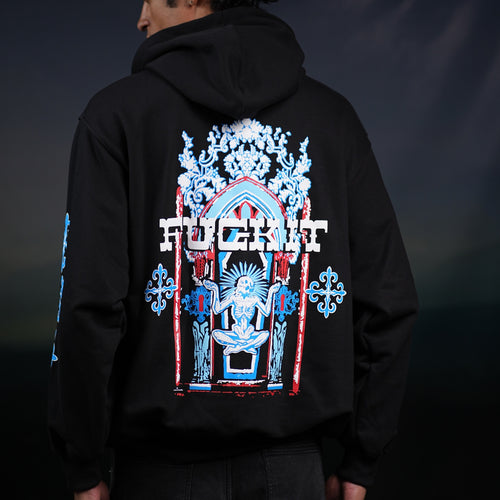 NVRFLD edgy streetwear hoodies black with bold graphic design on back and sleeve details