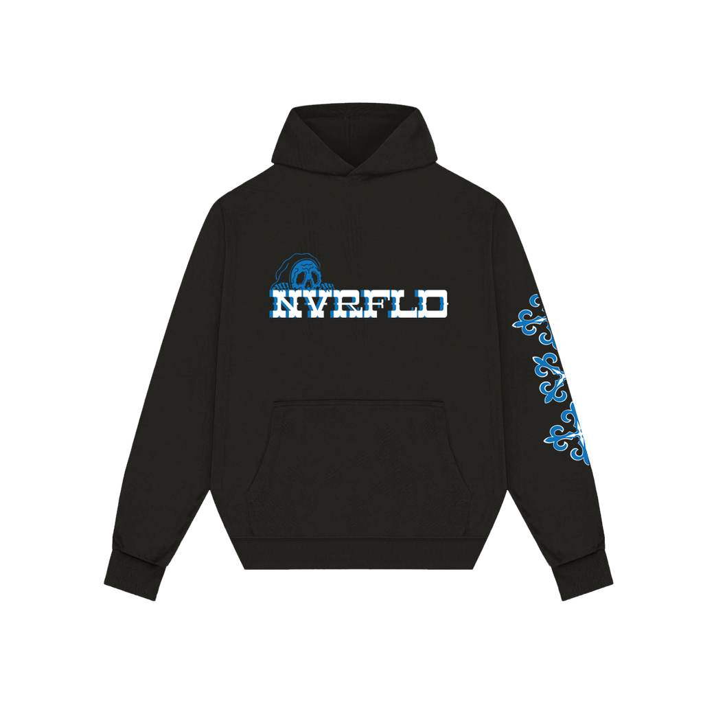 Black NVRFLD edgy streetwear hoodies with blue skull graphic and sleeve design