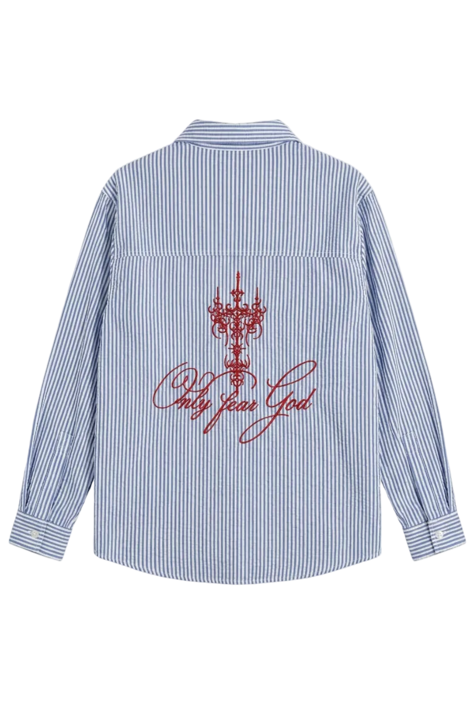 Blue and white striped shirt with red text and design on a light gray background