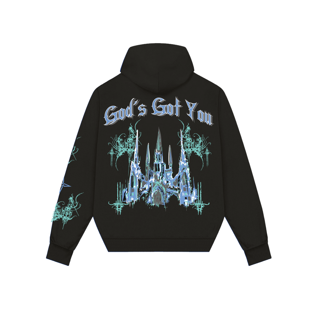 Black God hoodie statement piece with blue gothic castle and God's Got You text on back