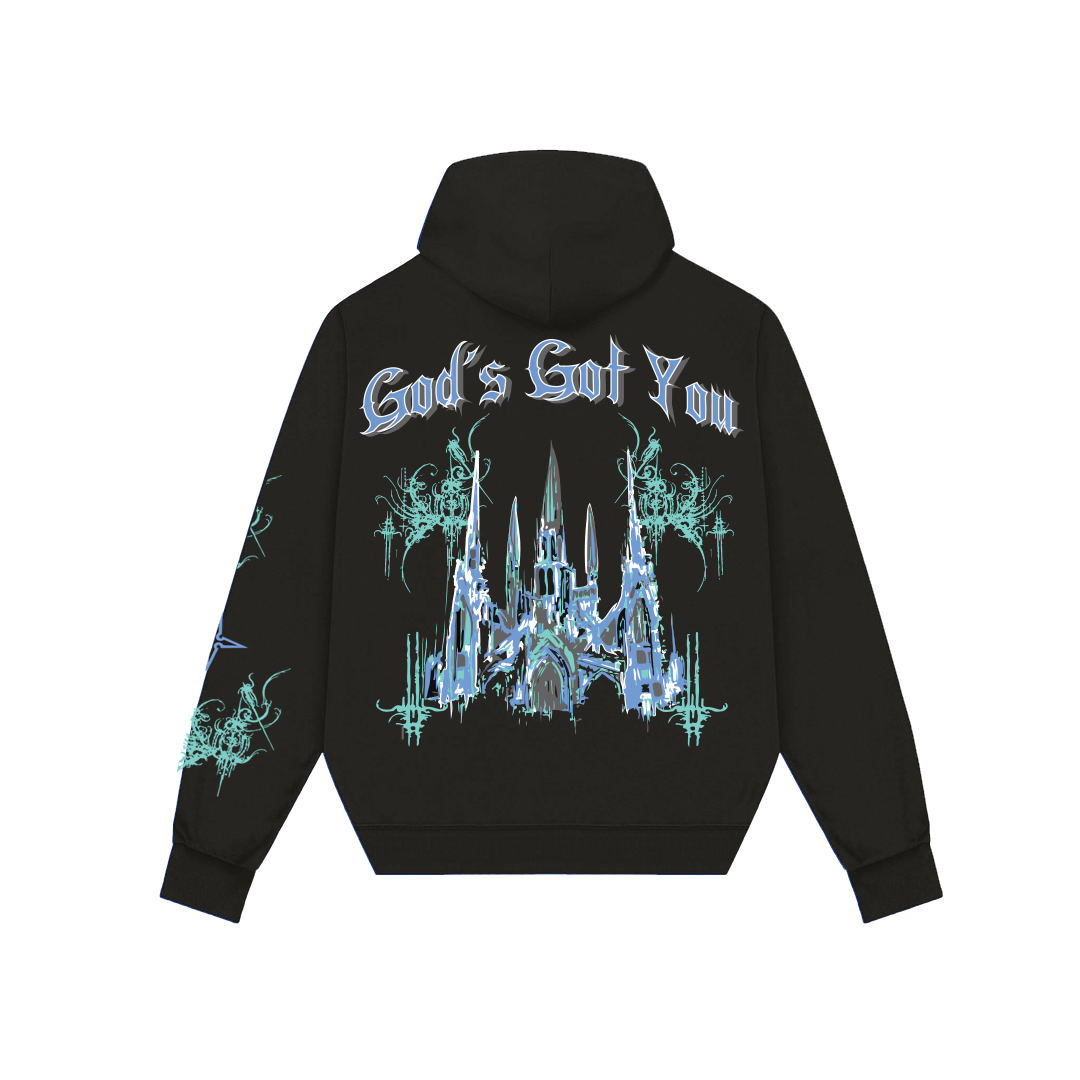 Black God hoodie statement piece with blue gothic castle and God's Got You text on back
