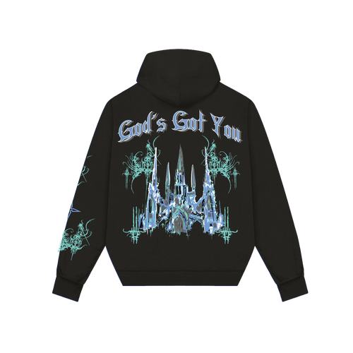 Black God hoodie statement piece with blue gothic castle and God's Got You text on back