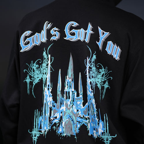 NVRFLD black hoodie with blue graphic castle and God's Got You text as a God hoodie statement piece