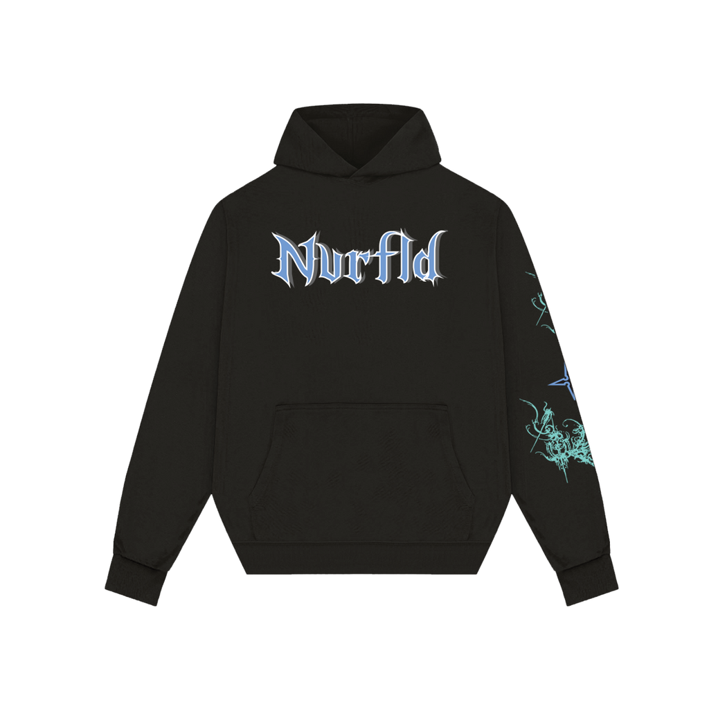 Black NVRFLD hoodie with blue gothic text and sleeve graphic as a God hoodie statement piece