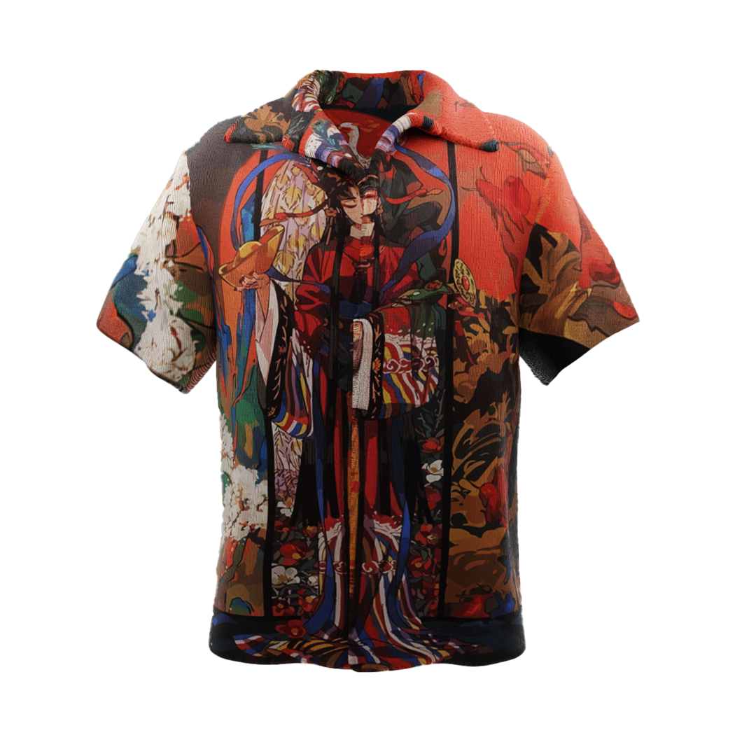 NVRFLD miyuki japanese shirt featuring colorful traditional Japanese art on a short-sleeve design