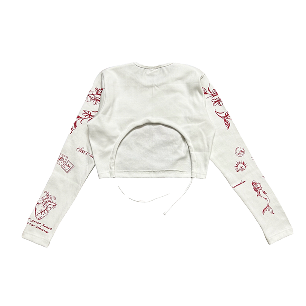 NVRFLD white long sleeve t-shirt with red tattoo-style designs perfect for modern clubwear