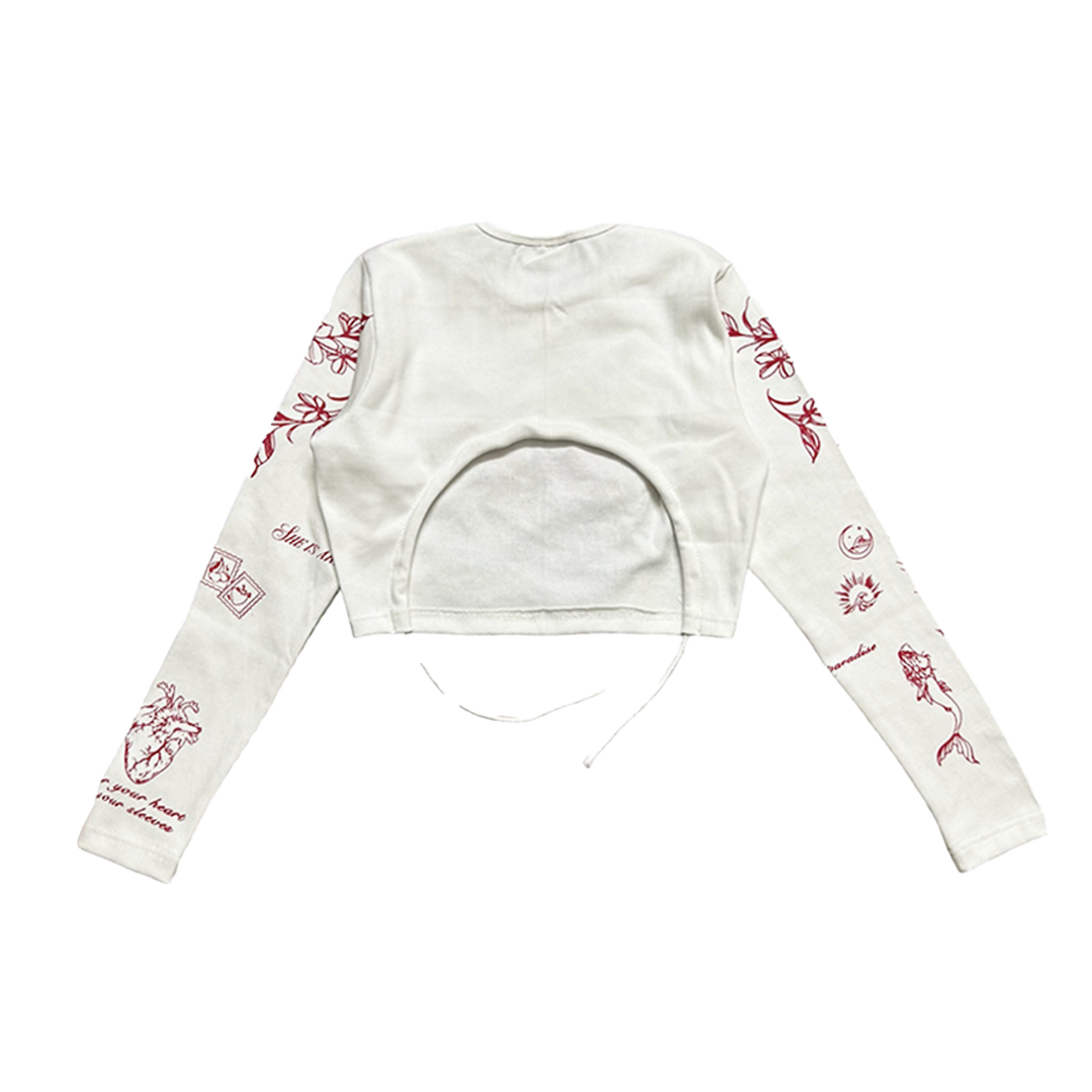 NVRFLD white long sleeve t-shirt with red tattoo-style designs perfect for modern clubwear