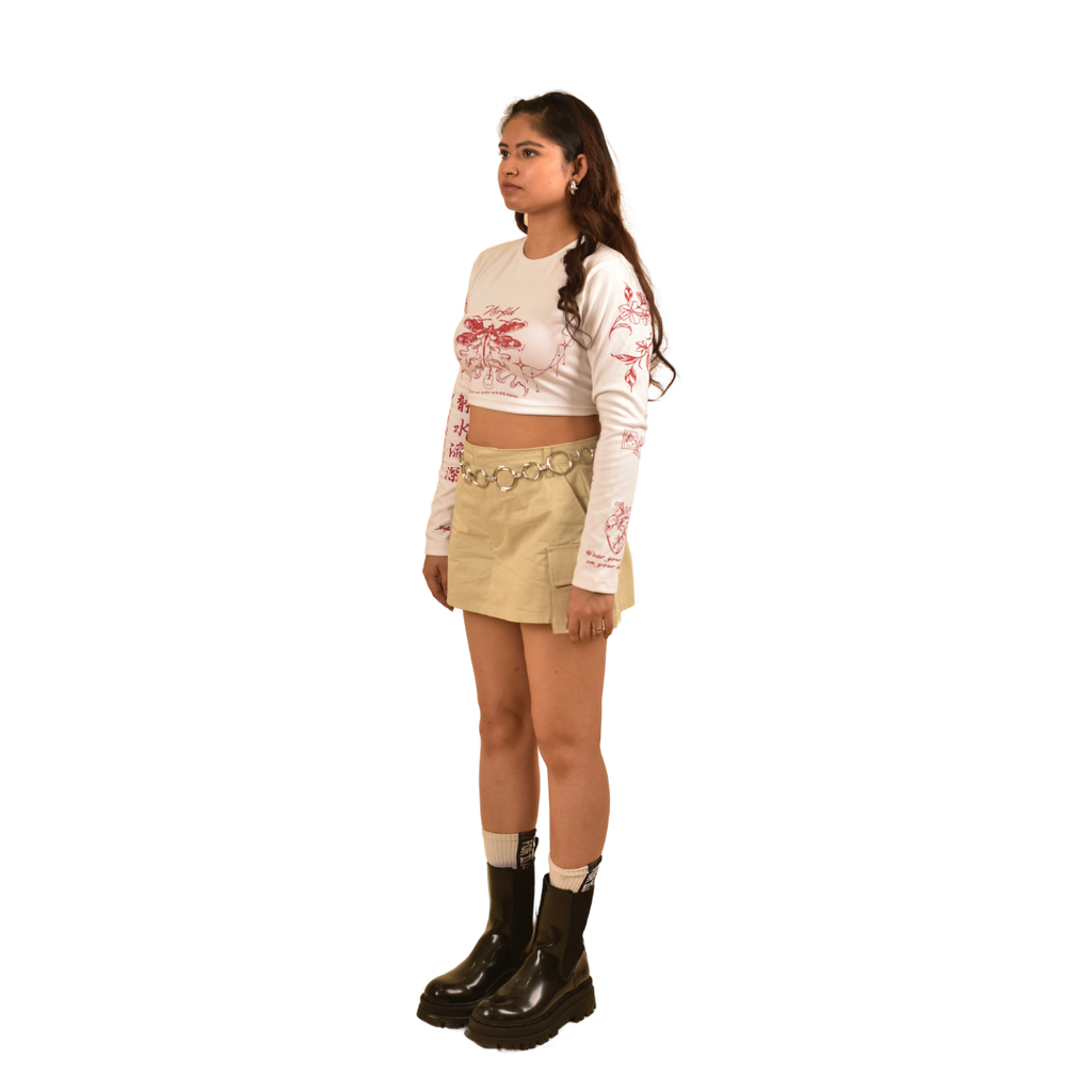 NVRFLD modern clubwear white long sleeve cropped t-shirt with red floral designs