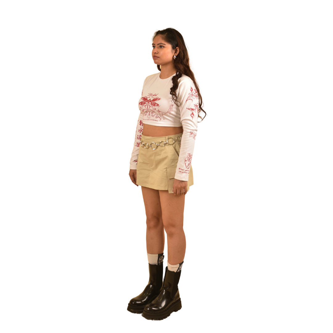 NVRFLD modern clubwear white long sleeve cropped t-shirt with red floral designs