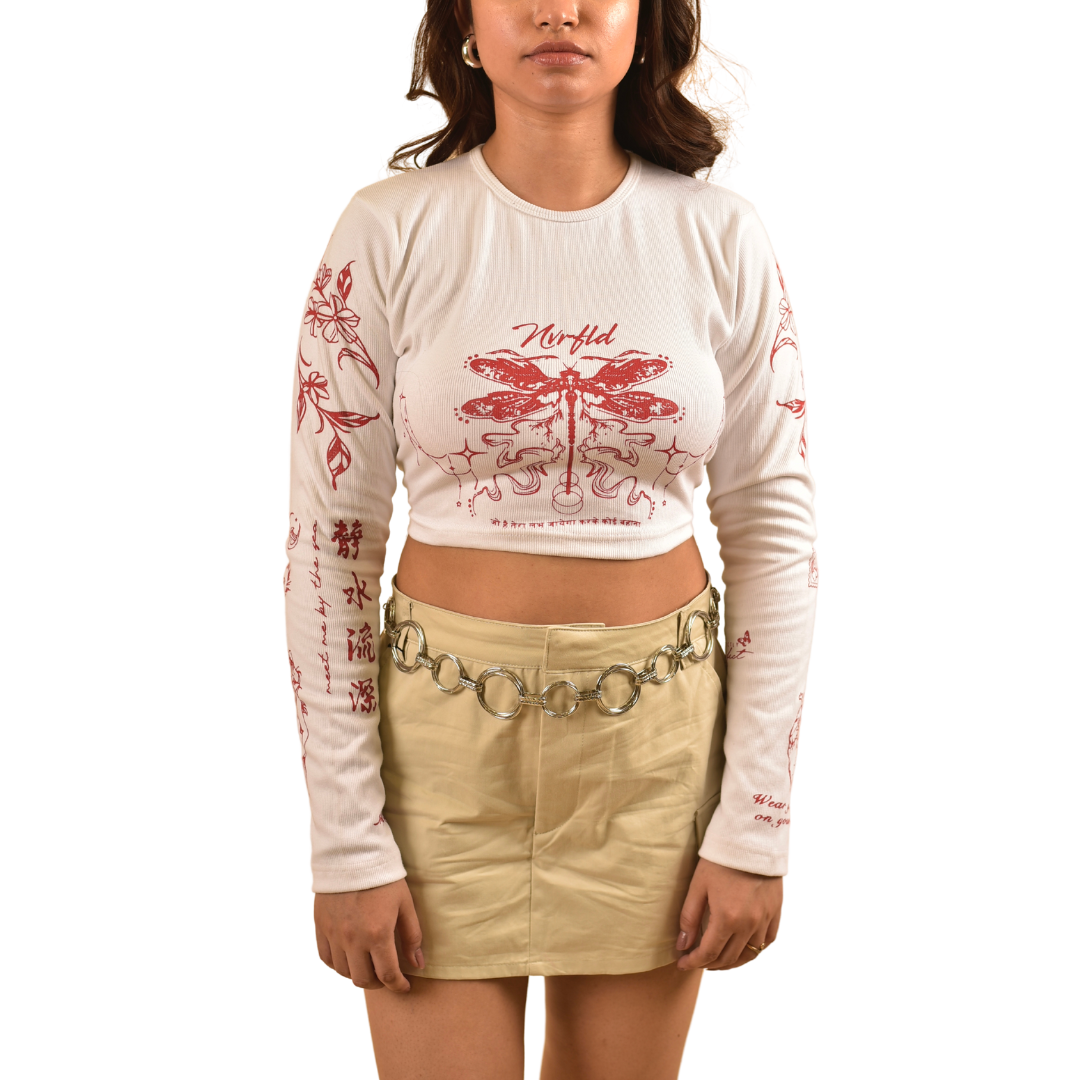 NVRFLD white long sleeve crop t-shirt with red graphic design and modern clubwear style
