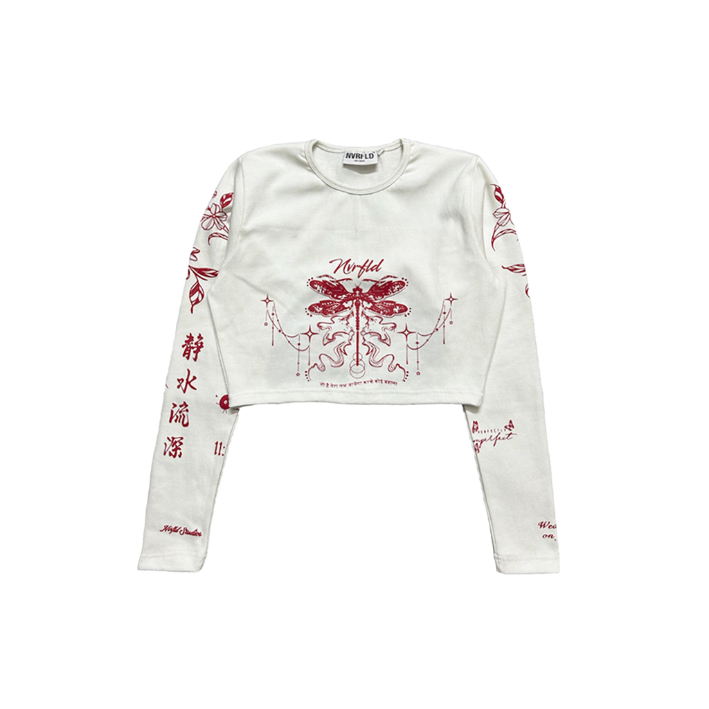 NVRFLD white cropped long sleeve t-shirt with red dragon and text print modern clubwear