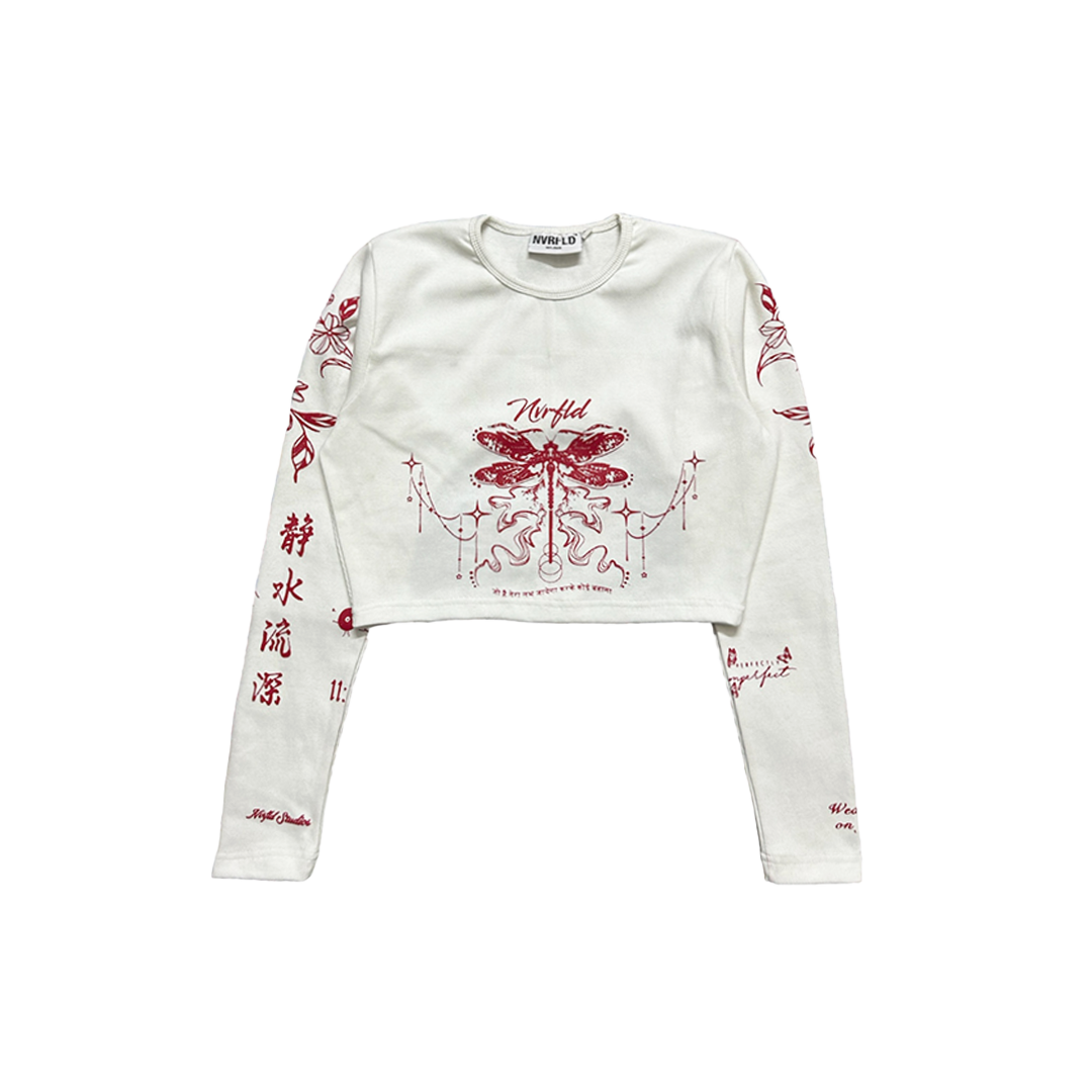 NVRFLD white cropped long sleeve t-shirt with red dragon and text print modern clubwear