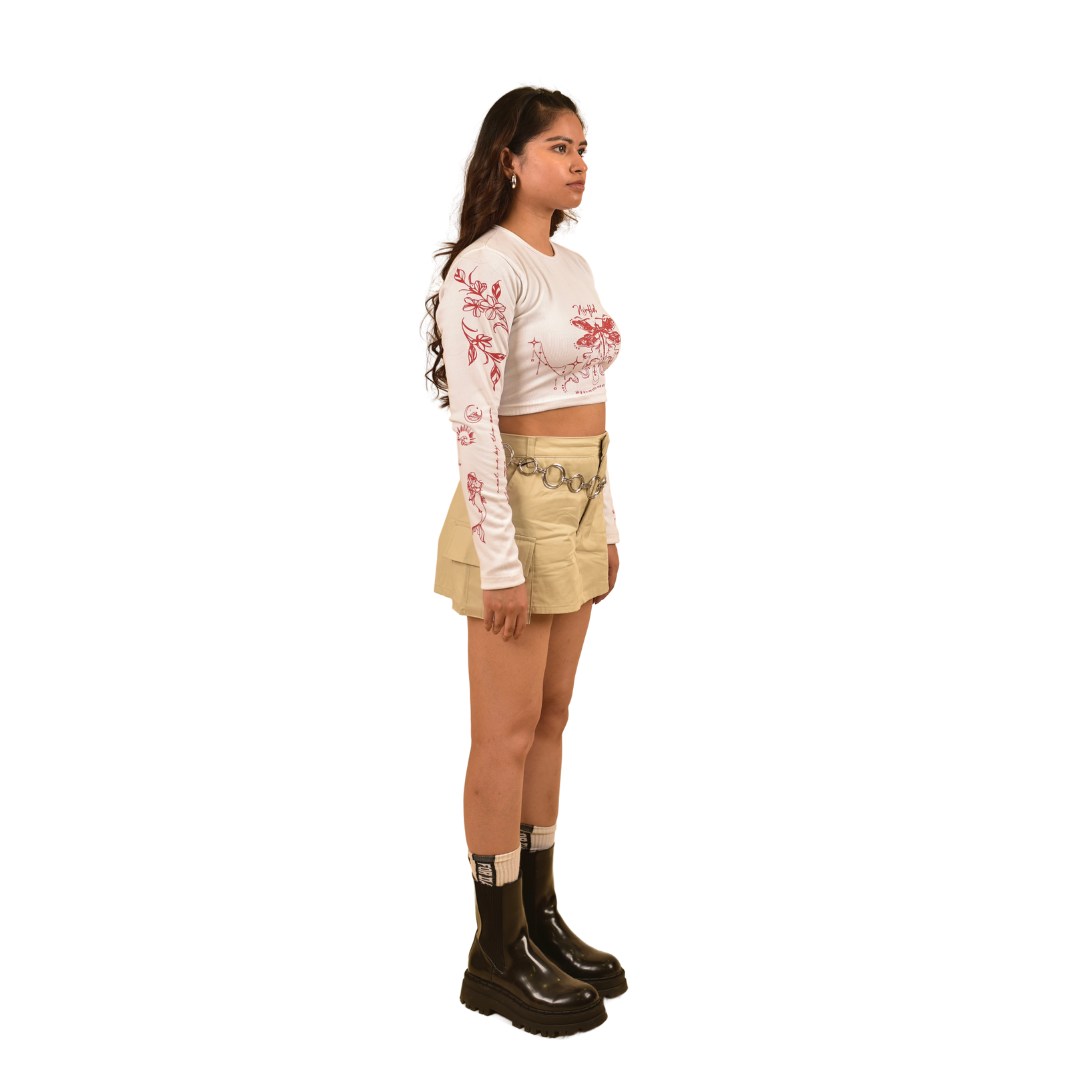 NVRFLD white long sleeve crop top t-shirt with red floral print, styled as modern clubwear