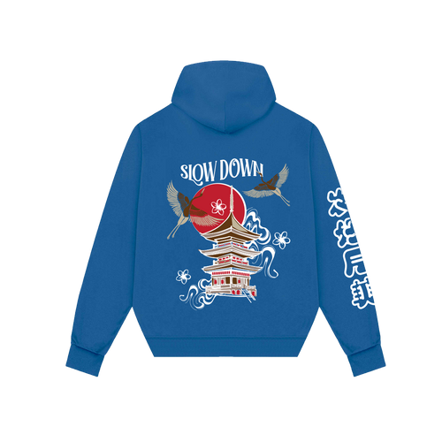 Blue Japanese design hoodie by NVRFLD with pagoda, cranes, and Slow Down text on back and sleeve