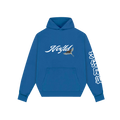 Blue hoodie with NVRFLD logo and crane graphic featuring japanese design hoodie elements