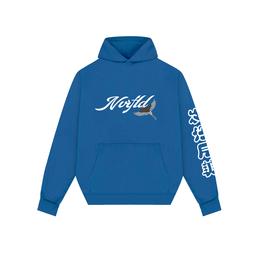 Blue hoodie with NVRFLD logo and crane graphic featuring japanese design hoodie elements