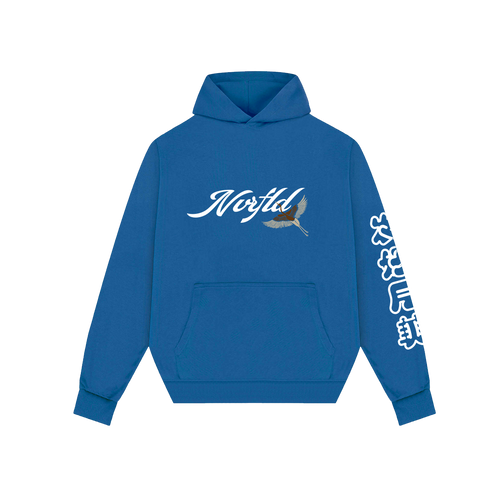 Blue hoodie with NVRFLD logo and crane graphic featuring japanese design hoodie elements