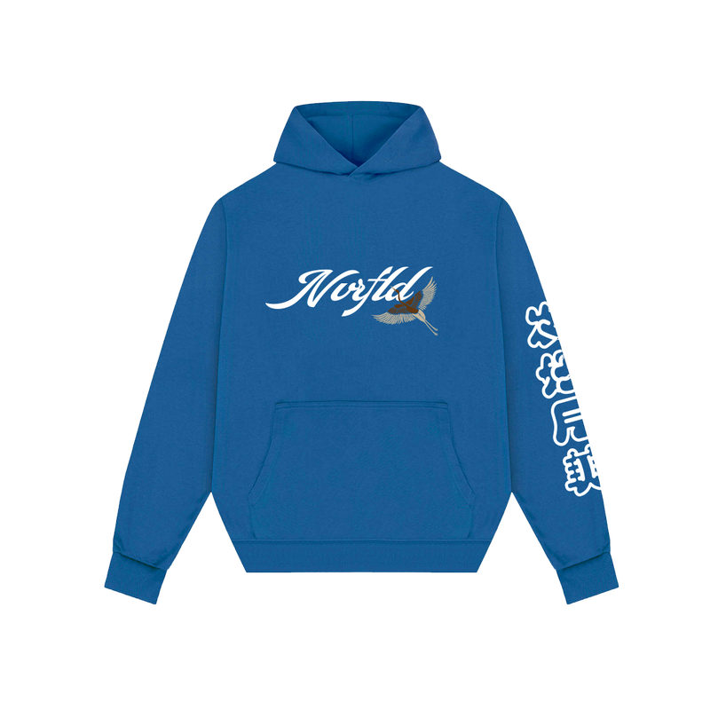 Blue hoodie with NVRFLD logo and crane graphic featuring japanese design hoodie elements
