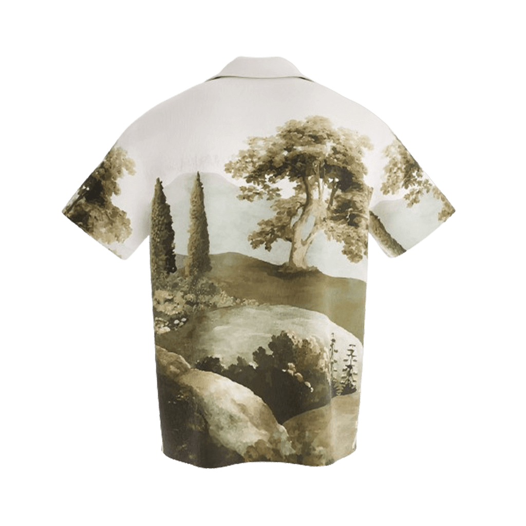 NVRFLD artistic landscape shirt featuring a detailed scenic nature print on the back in earth tones