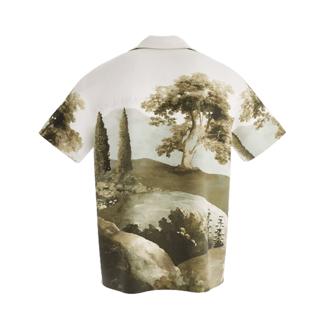 NVRFLD artistic landscape shirt featuring a detailed scenic nature print on the back in earth tones