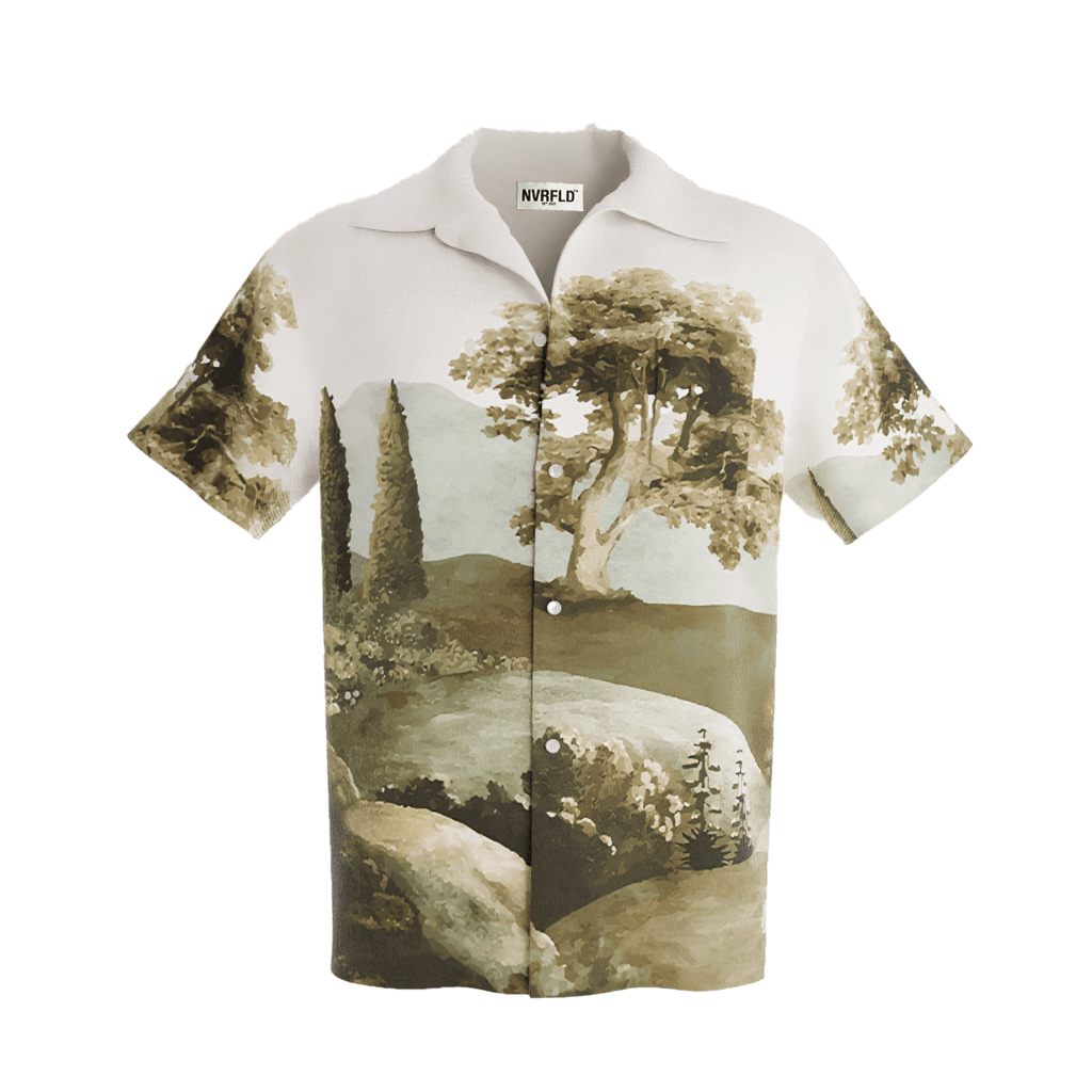 NVRFLD artistic landscape shirt with a vintage nature scene featuring trees and hills on a button-up design