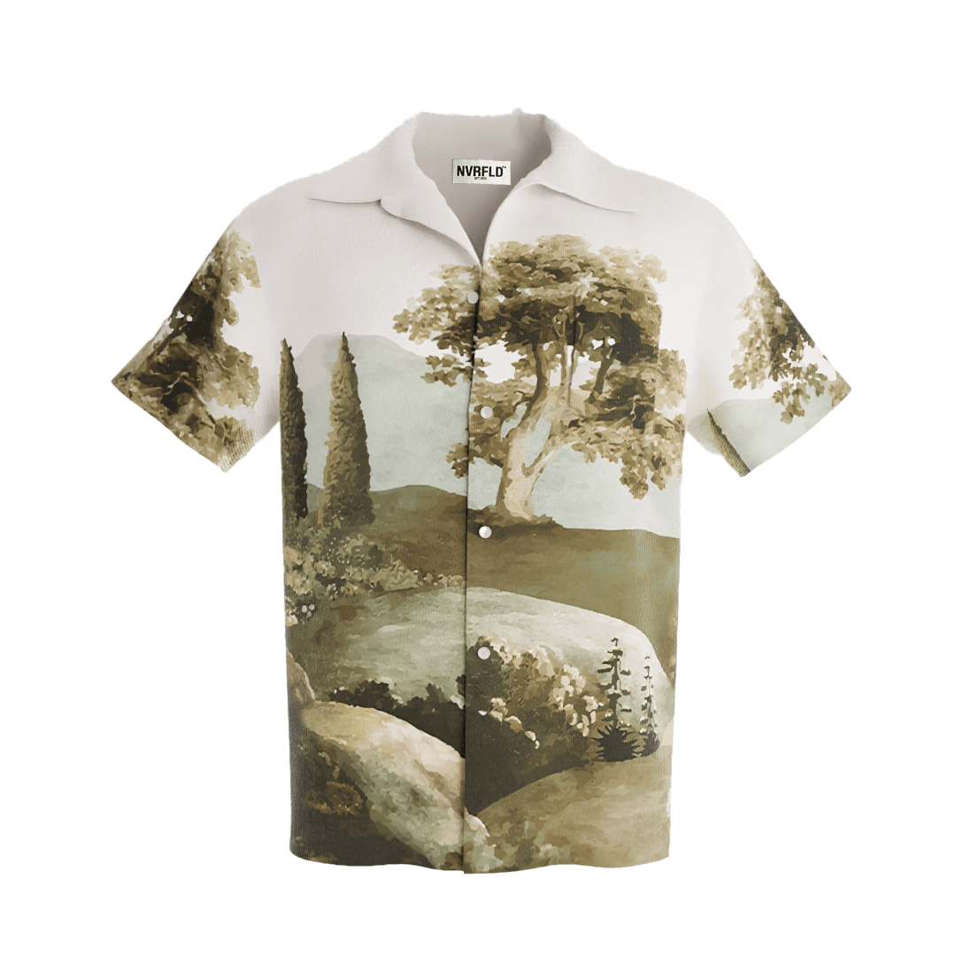 NVRFLD artistic landscape shirt with a vintage nature scene featuring trees and hills on a button-up design